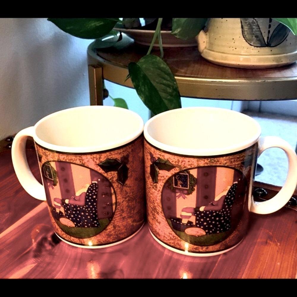 Two VTG 2001 Warren Kimble Holiday Cheer Coffee Cups Mugs for Sakura div Oneida